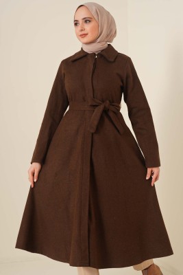 Kuşaklı Gizli Düğmeli Kaban Kahve - Thumbnail