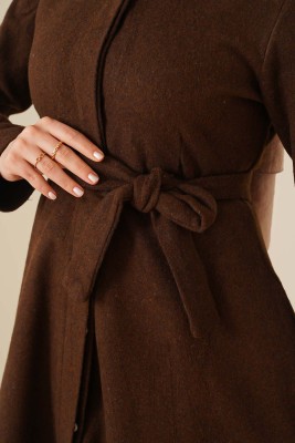 Kuşaklı Gizli Düğmeli Kaban Kahve - Thumbnail