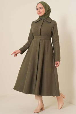 Kuşaklı Gizli Düğmeli Kaban Haki - Thumbnail