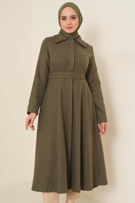 Kuşaklı Gizli Düğmeli Kaban Haki - Thumbnail