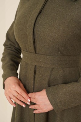 Kuşaklı Gizli Düğmeli Kaban Haki - Thumbnail