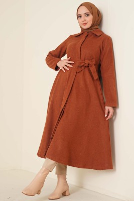 Kuşaklı Gizli Düğmeli Kaban Tarçın - Thumbnail