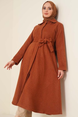 Kuşaklı Gizli Düğmeli Kaban Tarçın - Thumbnail