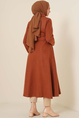 Kuşaklı Gizli Düğmeli Kaban Tarçın - Thumbnail