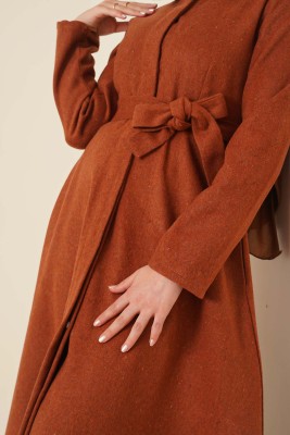 Kuşaklı Gizli Düğmeli Kaban Tarçın - Thumbnail