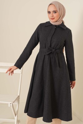 Kuşaklı Gizli Düğmeli Kaban Antrasit - Thumbnail