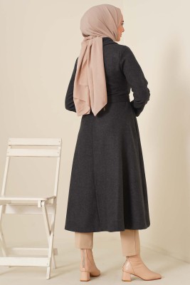 Kuşaklı Gizli Düğmeli Kaban Antrasit - Thumbnail