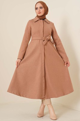 Kuşaklı Gizli Düğmeli Kaban Camel - Thumbnail