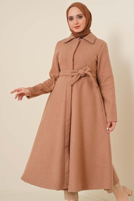 Kuşaklı Gizli Düğmeli Kaban Camel - Thumbnail