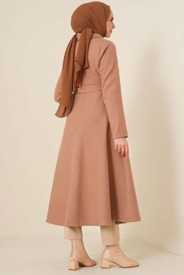 Kuşaklı Gizli Düğmeli Kaban Camel - Thumbnail