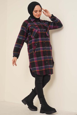 Ekose Desen Uzun Tunik Pembe - Thumbnail