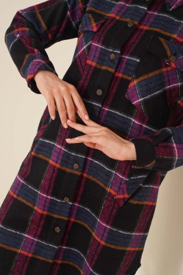 Ekose Desen Uzun Tunik Pembe - Thumbnail