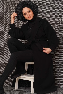 İçi Astarlı Kuşaklı Kaban Siyah - Thumbnail