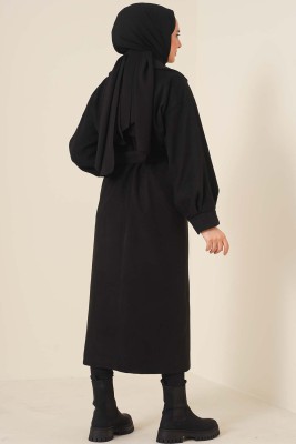 İçi Astarlı Kuşaklı Kaban Siyah - Thumbnail