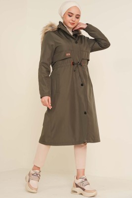 Pazarium - Armalı Bel Büzgülü Kaban Haki