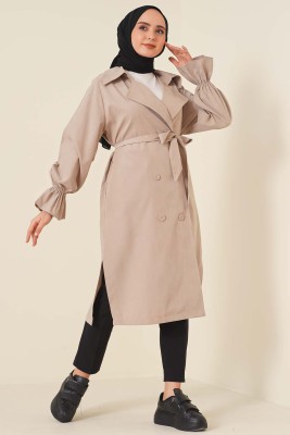 Kuşaklı Düğmeli Trençkot Taş - Thumbnail