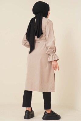 Kuşaklı Düğmeli Trençkot Taş - Thumbnail