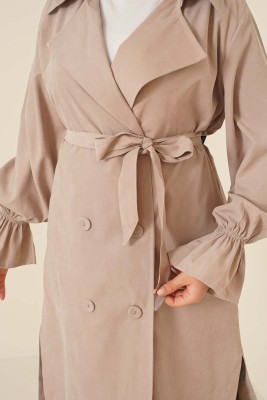 Kuşaklı Düğmeli Trençkot Taş - Thumbnail