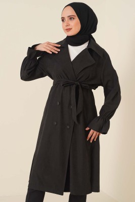Kuşaklı Düğmeli Trençkot Siyah - Thumbnail