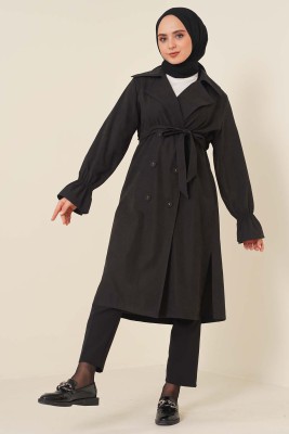 Kuşaklı Düğmeli Trençkot Siyah - Thumbnail