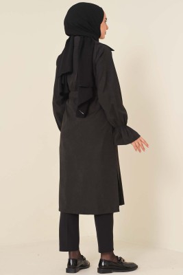 Kuşaklı Düğmeli Trençkot Siyah - Thumbnail