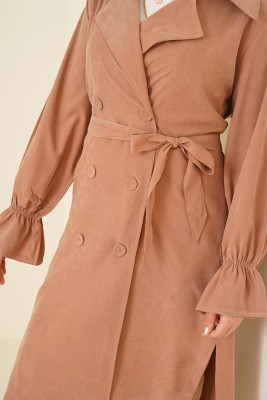 Kuşaklı Düğmeli Trençkot Latte - Thumbnail