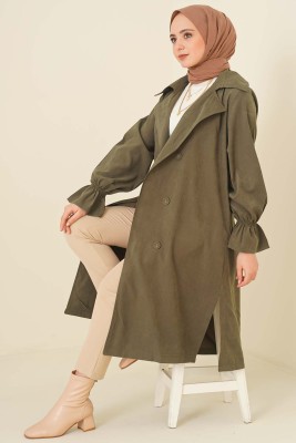 Kuşaklı Düğmeli Trençkot Haki - Thumbnail
