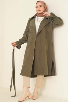 Kuşaklı Düğmeli Trençkot Haki - Thumbnail