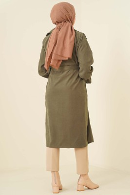 Kuşaklı Düğmeli Trençkot Haki - Thumbnail