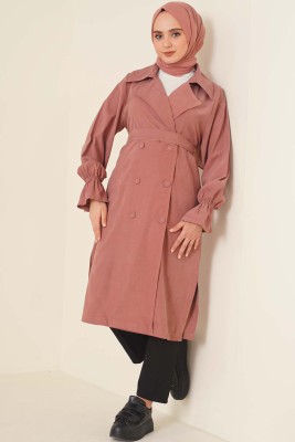 Kuşaklı Düğmeli Trençkot Gül Kurusu - Thumbnail