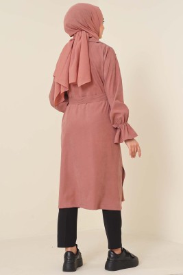 Kuşaklı Düğmeli Trençkot Gül Kurusu - Thumbnail