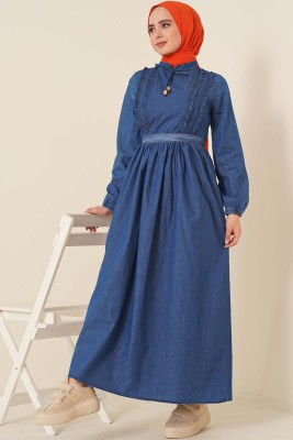 Önü Fırfırlı Denim Kot Elbise - Thumbnail