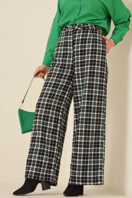 Kare Desenli Bol Paça Pantolon Yeşil - Thumbnail