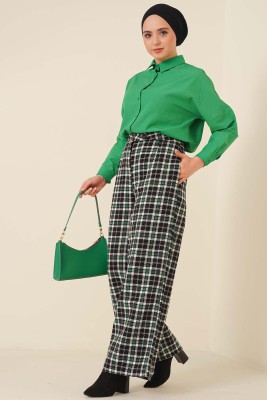 Kare Desenli Bol Paça Pantolon Yeşil - Thumbnail