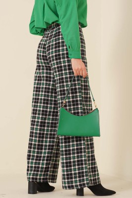 Kare Desenli Bol Paça Pantolon Yeşil - Thumbnail