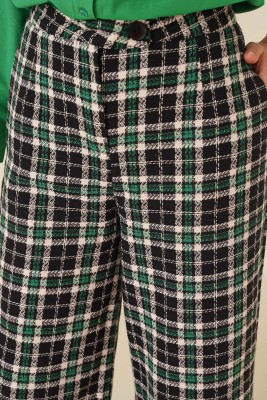 Kare Desenli Bol Paça Pantolon Yeşil - Thumbnail