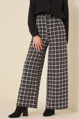 Kare Desenli Bol Paça Pantolon Siyah - Thumbnail