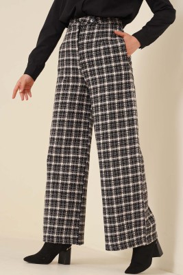 Kare Desenli Bol Paça Pantolon Siyah - Thumbnail