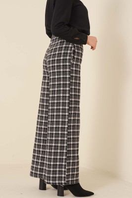 Kare Desenli Bol Paça Pantolon Siyah - Thumbnail