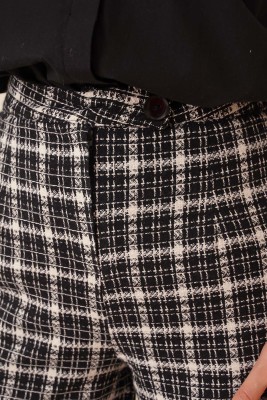 Kare Desenli Bol Paça Pantolon Siyah - Thumbnail