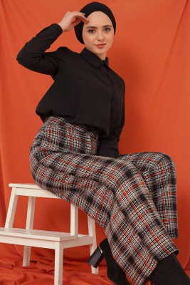 Kare Desenli Bol Paça Pantolon Kiremit - Thumbnail