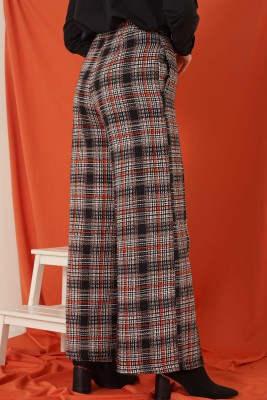 Kare Desenli Bol Paça Pantolon Kiremit - Thumbnail