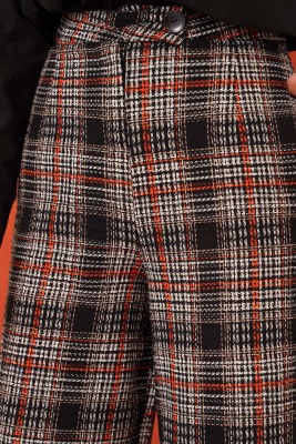 Kare Desenli Bol Paça Pantolon Kiremit - Thumbnail