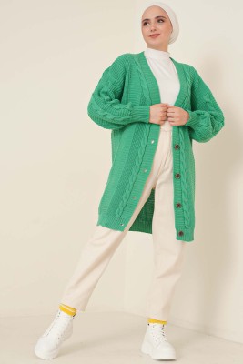 Önden Düğmeli Örgü Hırka Zümrüt Yeşili - Thumbnail