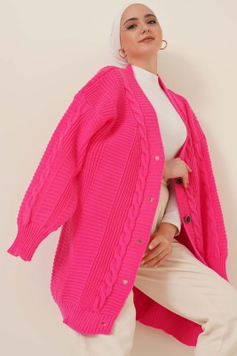 Önden Düğmeli Örgü Hırka Fuşya - Thumbnail