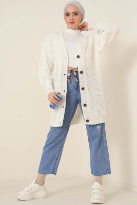 Önden Düğmeli Örgü Hırka Ekru - Thumbnail