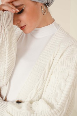 Önden Düğmeli Örgü Hırka Ekru - Thumbnail