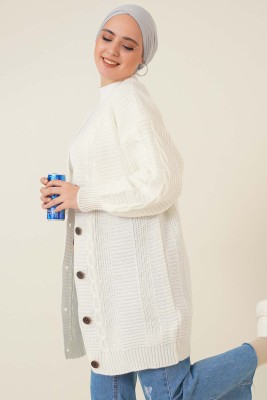 Önden Düğmeli Örgü Hırka Ekru - Thumbnail