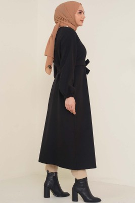 Patlı Düğmeli Kaşe Kaban Siyah - Thumbnail