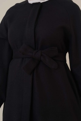 Patlı Düğmeli Kaşe Kaban Siyah - Thumbnail